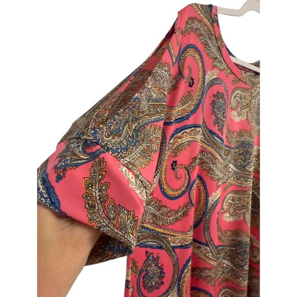 Womens XL Boho Pink Paisley Short Cold Shoulder Oversized Slinky Tunic Top XL - Picture 3 of 9